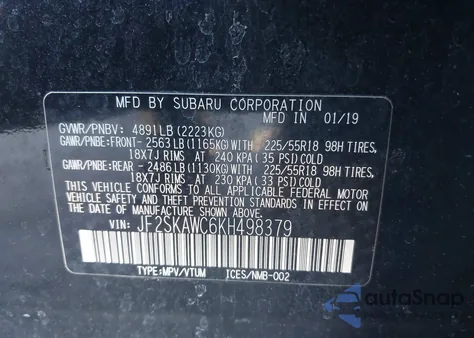 2019 Subaru Forester Touring из США, поврежденный, VIN JF2SKAWC6KH498379